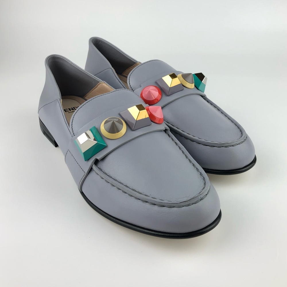 FENDI, Baby Blue Studded Loafers, EU 35.5
